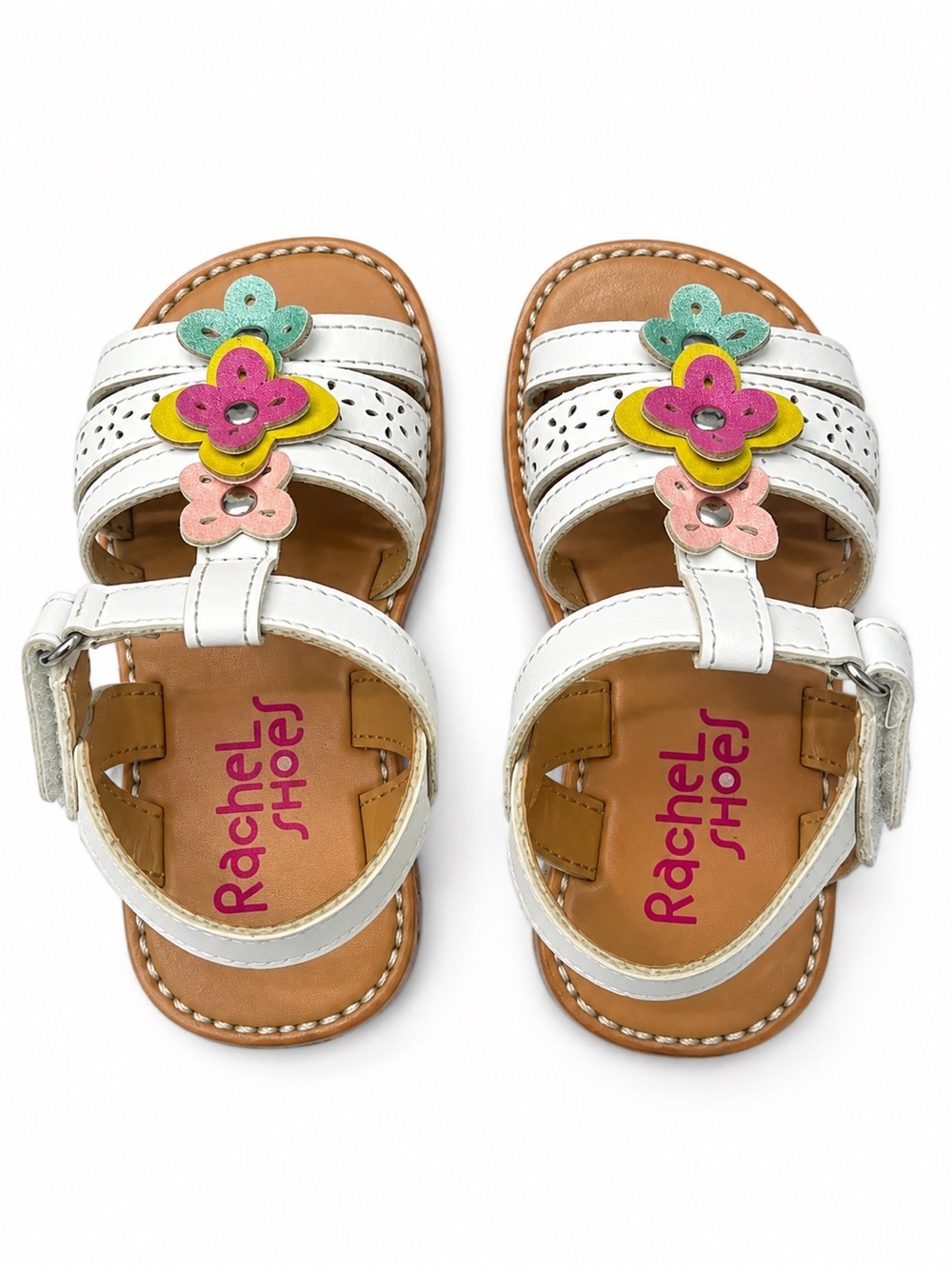 Rachel Shoes White Leather Sandals with Multicolor Floral Accents